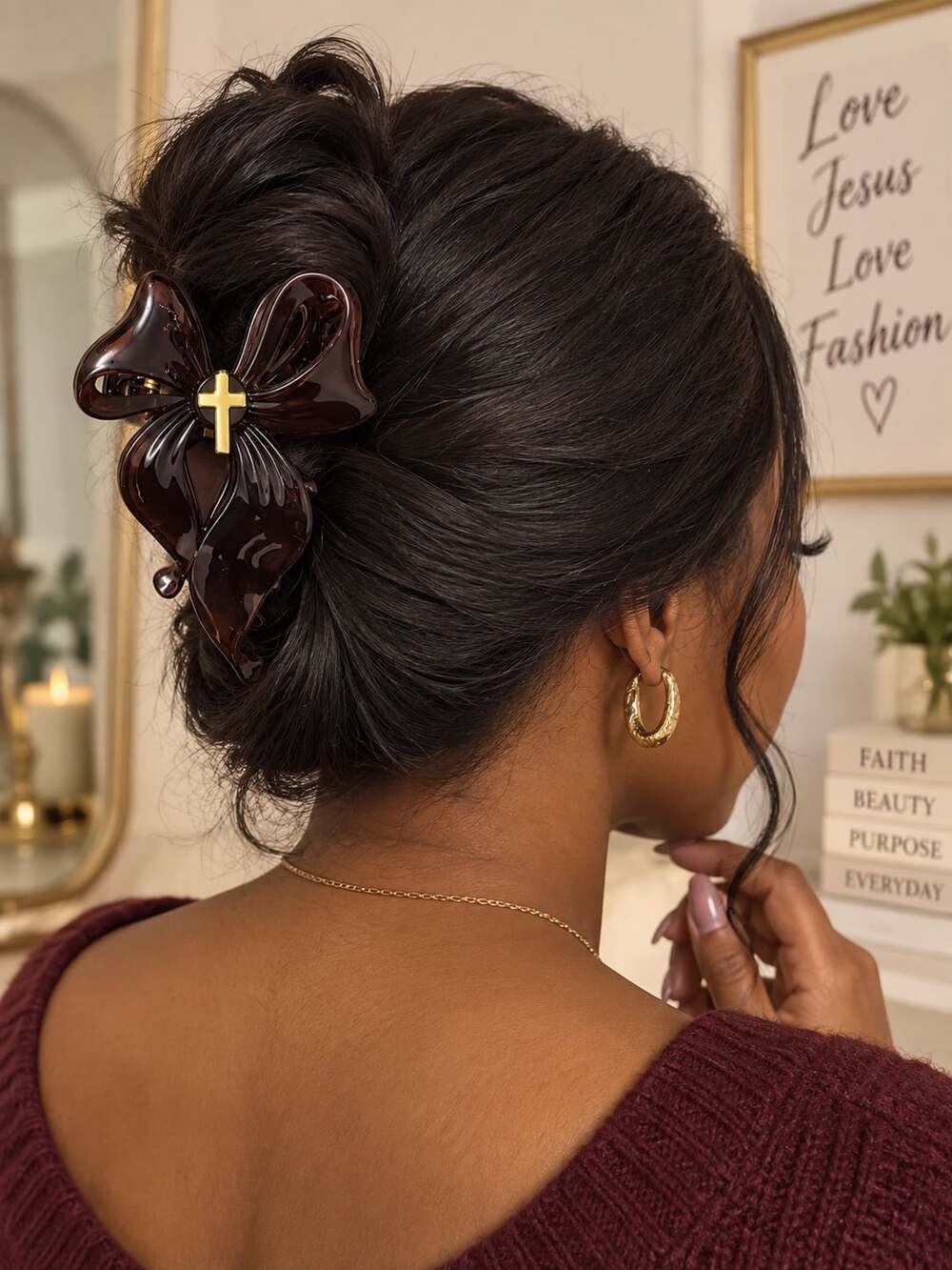 Coquette Dark Brown Bow Claw Clip Gold Cross Hair Accessory